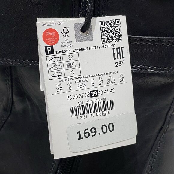 ZARA Chunky Lug Sole Ankle Boots Black Leather Buckles Side Zip Moto Y2K Size 8 - Picture 7 of 10